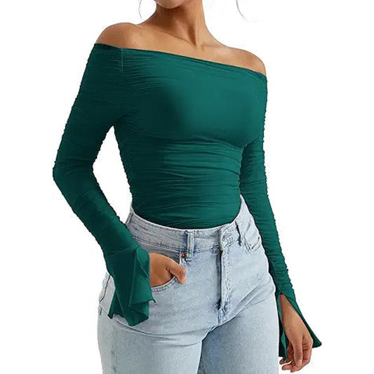 OMKAGI Women Long Sleeve Tops Boat Neck Off Shoulder Shirts Fitted Going Out Y2K Crop Top(