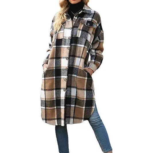 Xaspee Womens Long Plaid Shacket Jacket Casual Fashion Lapel Button Down Long Sleeve Long