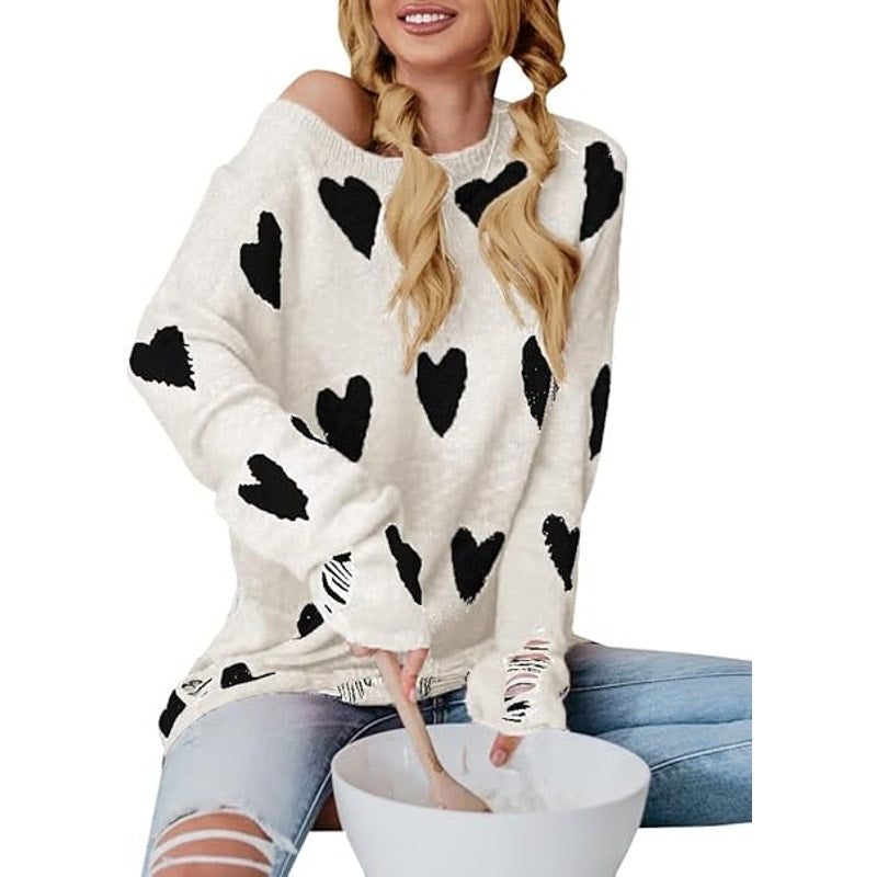 Tutorutor Womens Off The Shoulder Sweaters Oversized Lightweight Long Sleeve Cute Heart Lo
