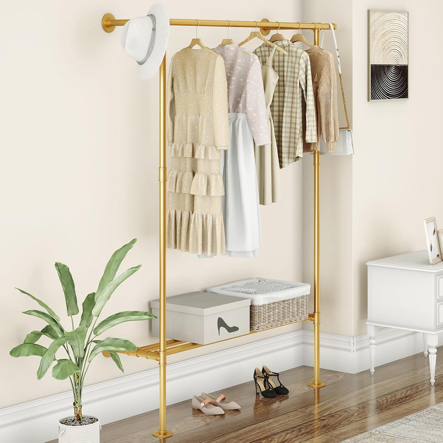 FJANKUI Gold Wall Mounted industrial pipe clothes rack with Shelf, clothing rack Rod for Closet and Walk-in Closet Systems, Multi-Purpose Sturdy Hanger for Hanging Clothes