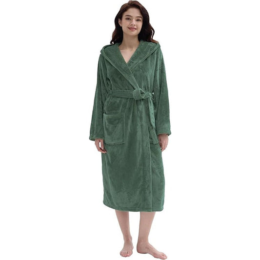 Amorbella Womens Fleece Winter Bathrobe Plush Long Robe Warm(Olive,Medium)