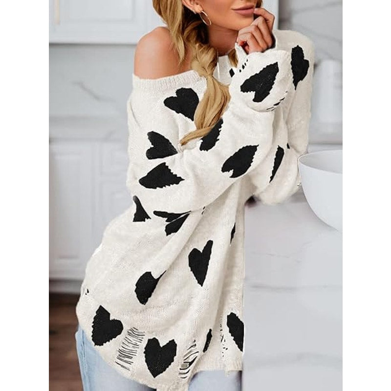 Tutorutor Womens Off The Shoulder Sweaters Oversized Lightweight Long Sleeve Cute Heart Lo