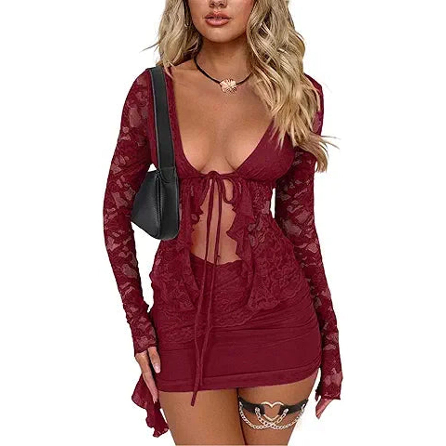 CSDAJIO 2 Piece Outfits for Women Floral Lace Open Front Tie Up Long Sleeve Crop Top Blous