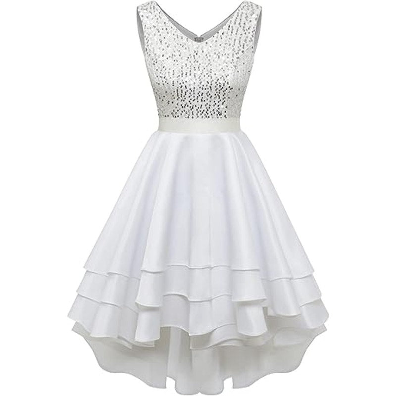 Meetjen Sparkly Cocktail Prom Dress for Women High Low Formal Short Wedding Guest V Neck S