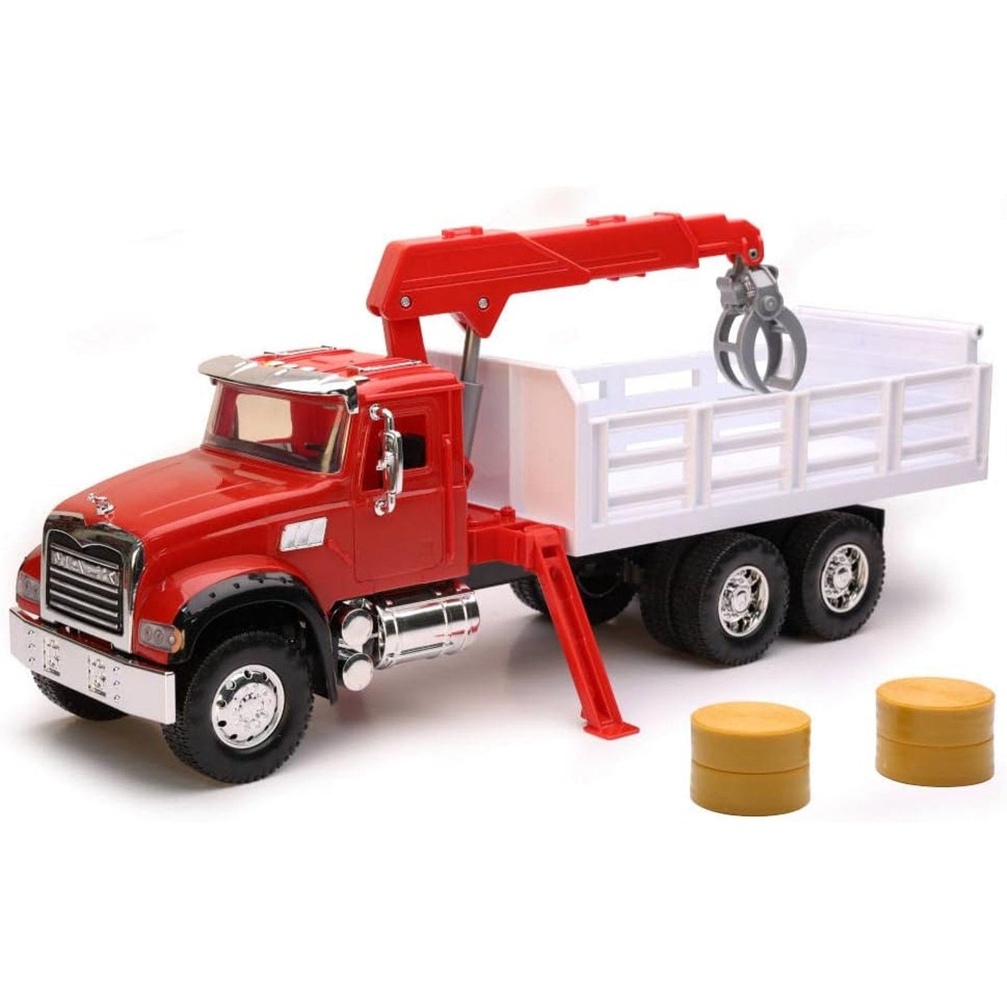 New-Ray Toys Mack Granite Stake Truck with Crane 1:18 Scale Long Haul Trucker Playset, Kids, Gifts, Birthdays
