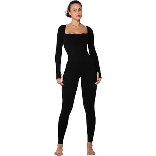 Sunzel Long Sleeve Bodysuits One Piece Jumpsuit for Women with Square Neck and Butt Scrunc