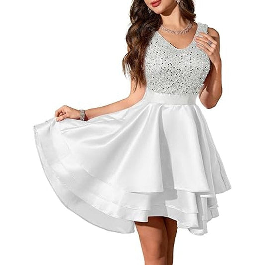 Meetjen Sparkly Cocktail Prom Dress for Women High Low Formal Short Wedding Guest V Neck S