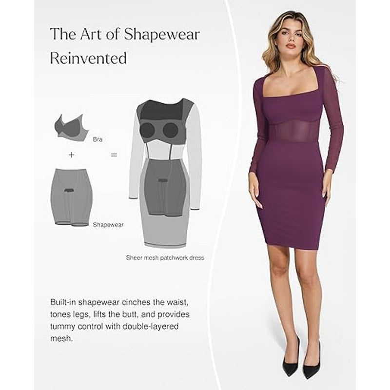 Popilush Long Sleeve Shapewear Dress Mesh Dress Built in Bra Corset for Women Tu