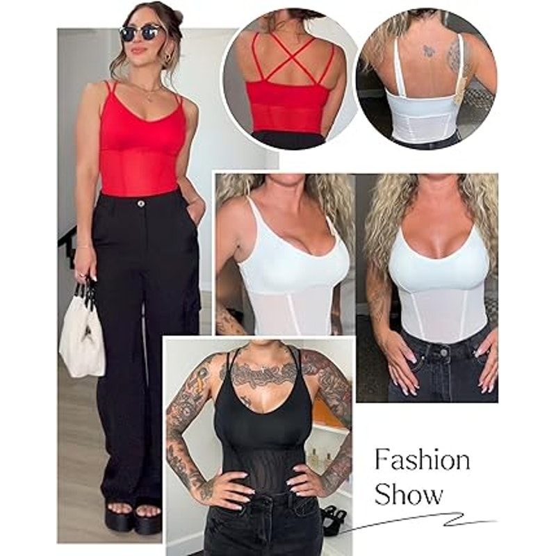 Popilush Mesh Shapewear Bodysuit Tummy Control Going Out Corset Tops Double Spaghetti Stra