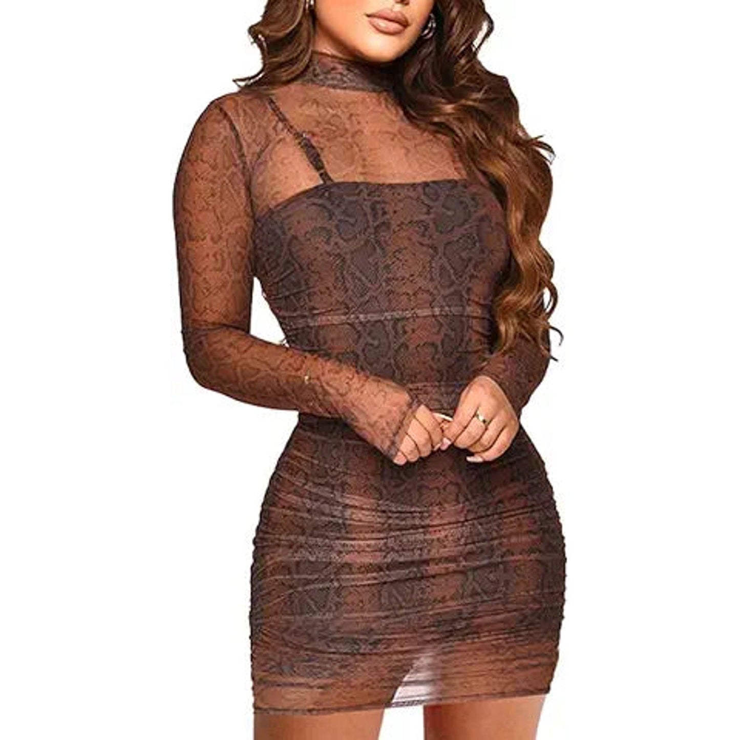 MOEENCN Sexy Long Sleeve Midi Dress for Women Sheer Mesh Printed 2 Piece Skirt Set Crew Ne