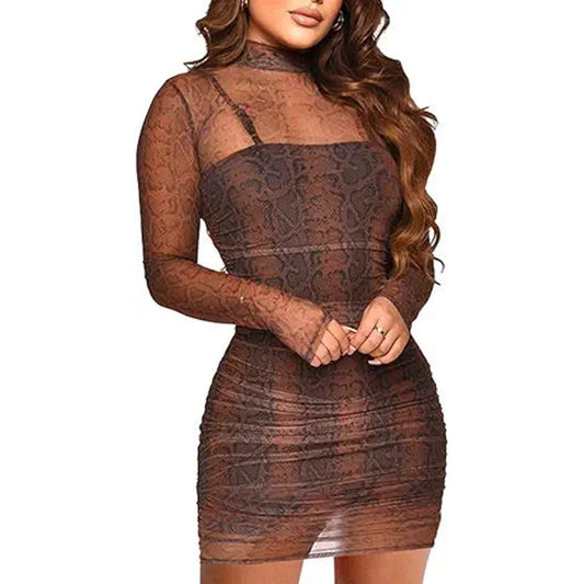 MOEENCN Sexy Long Sleeve Midi Dress for Women Sheer Mesh Printed 2 Piece Skirt Set Crew Ne