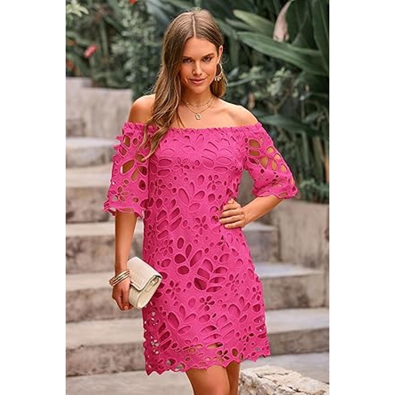 PRETTYGARDEN Women's Summer Off Shoulder Vintage Floral Lace Flare Short Sleeve Loose Eleg