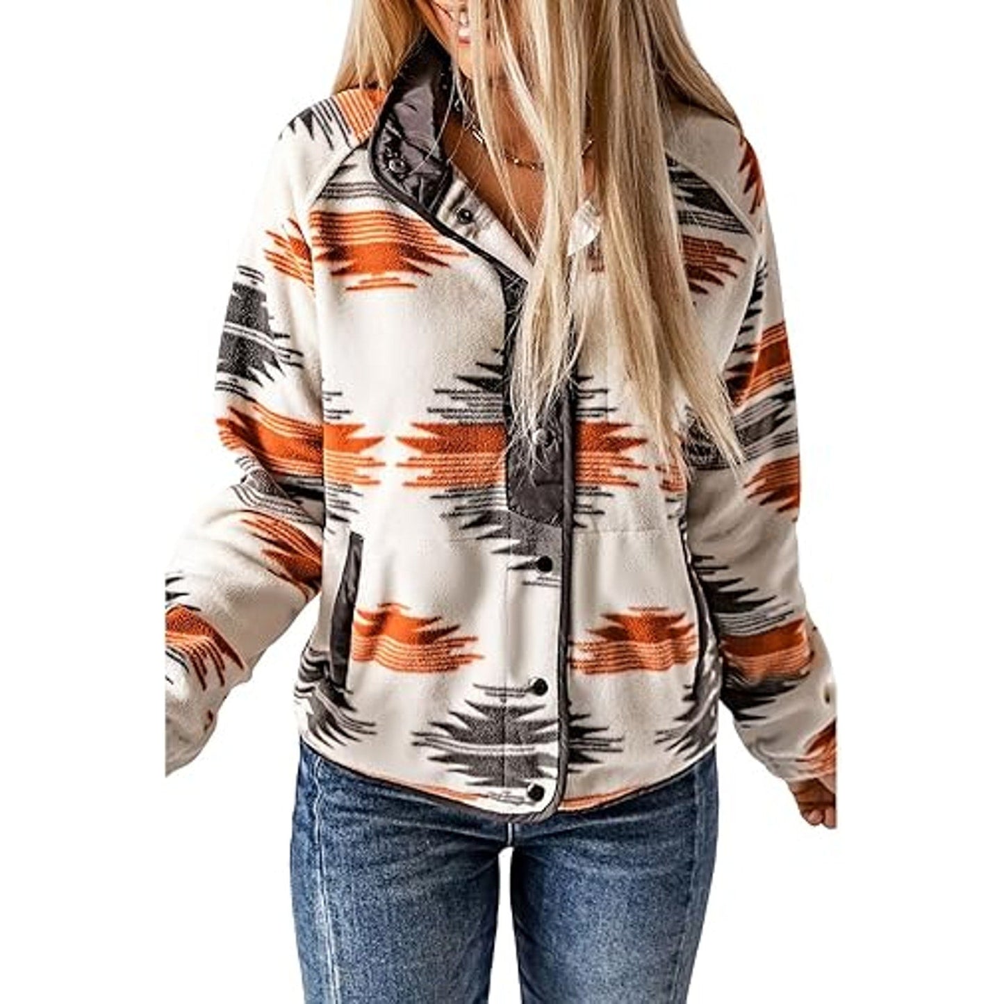 SELINK Womens Fleece Jacket Western Aztec Print Long Sleeve Snap Button Down Shacket Jacke