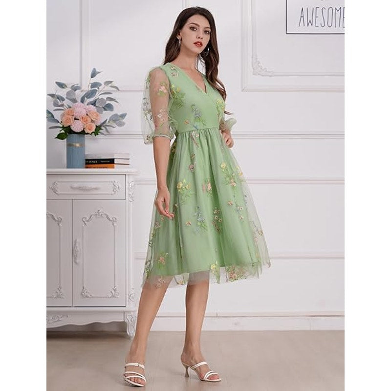 Half Sleeve Floral Embroidered Dress for Women Flower Embroidery Tulle Prom Dress Wrap V N
