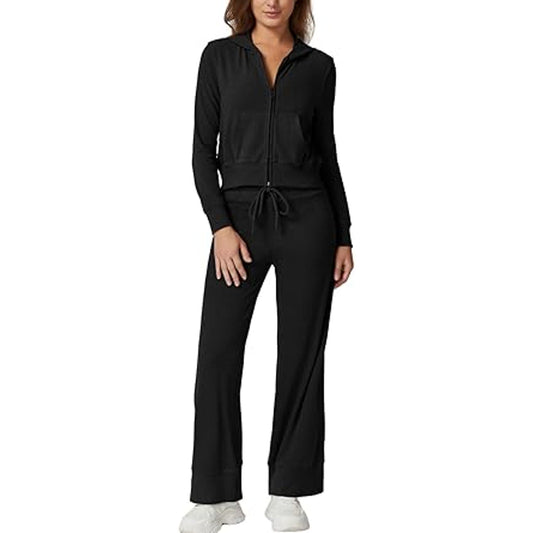 QINSEN Women's Two Piece Outfits Matching Sets Long Sleeve Full-Zip Hoodie with Pockets an