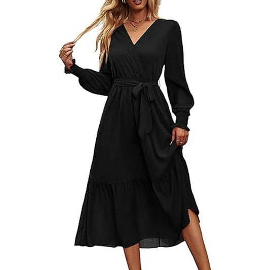 PRETTYGARDEN Women's Floral Print Boho Dress Long Sleeve Wrap V Neck Ruffle Belted A-Line