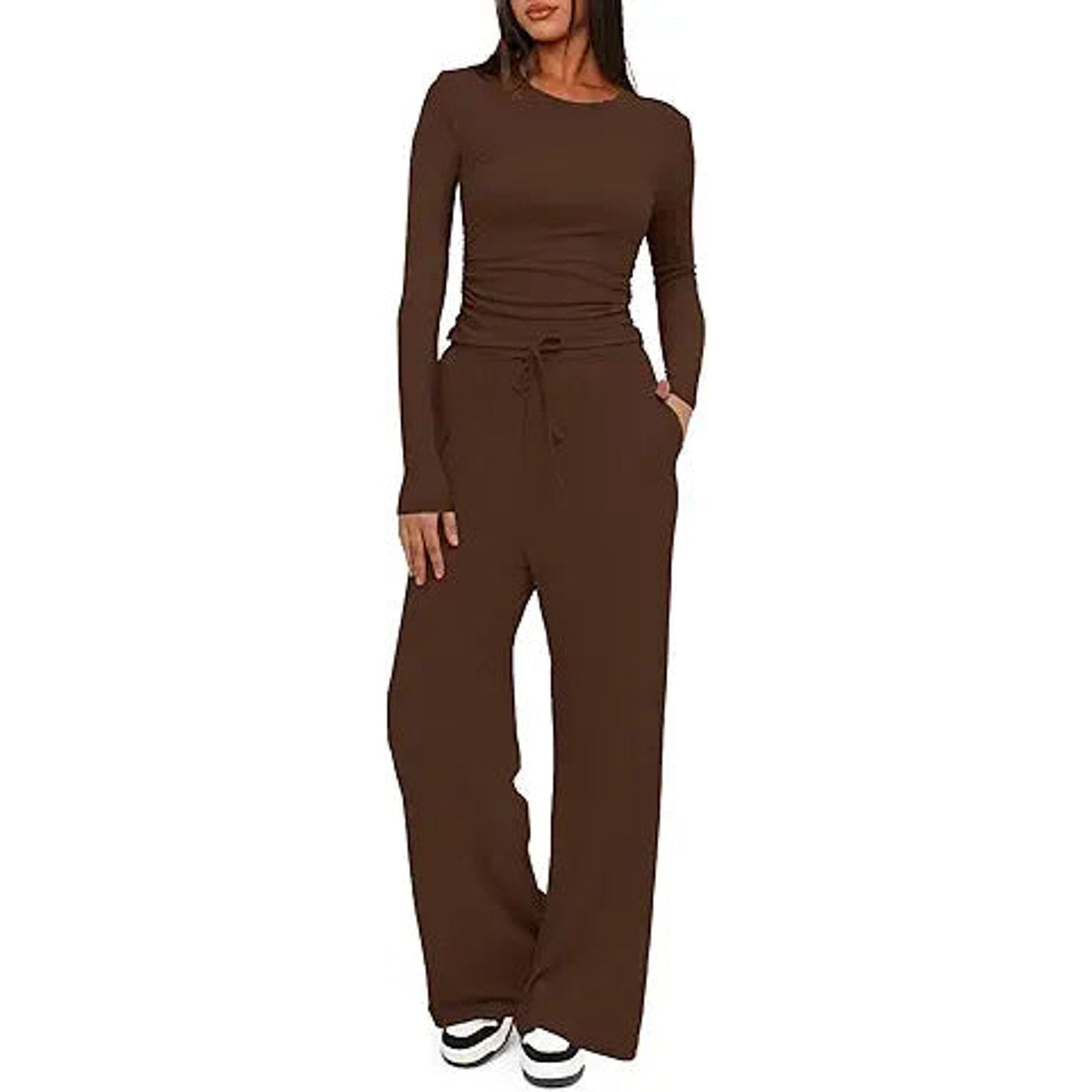 Darong Women's 2 Piece Outfits Lounge Sets Ruched Long Sleeve Tops and Wide Leg Pants Trac