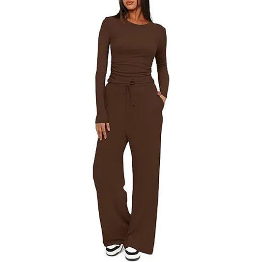 Darong Women's 2 Piece Outfits Lounge Sets Ruched Long Sleeve Tops and Wide Leg Pants Trac