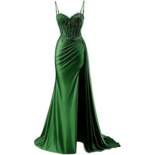Pleated Satin Mermaid Bridesmaid Dresses with Slit Off Shoulder Long Formal Dress