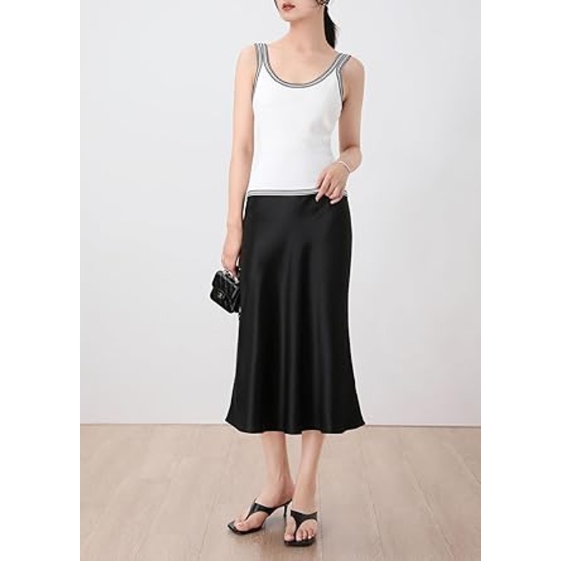 Keasmto Black Skirt for Women Midi Length High Waist Silk Satin Elasticized