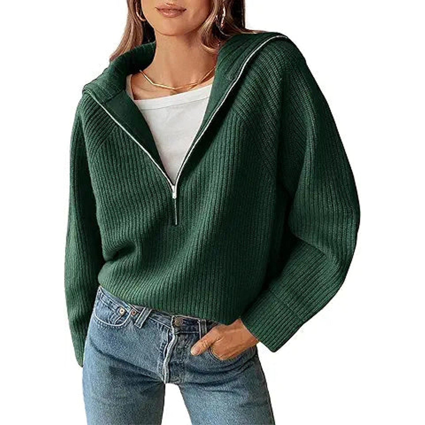 BTFBM Women’s Casual Long Sleeve Half Zip Pullover Sweaters Solid V Neck Collar Ribbed K