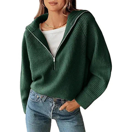BTFBM Women’s Casual Long Sleeve Half Zip Pullover Sweaters Solid V Neck Collar Ribbed K