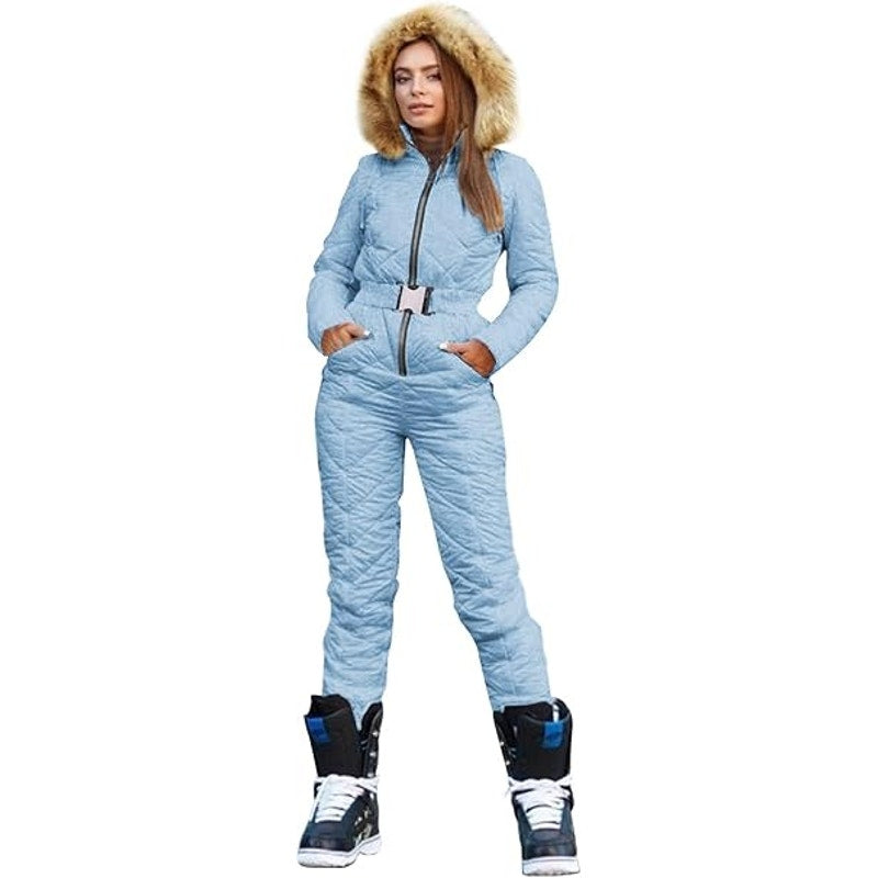 Womens Winter Ski Suit One Piece Hooded Fur Collar Ski Jumpsuit Snowsuit Outdoor