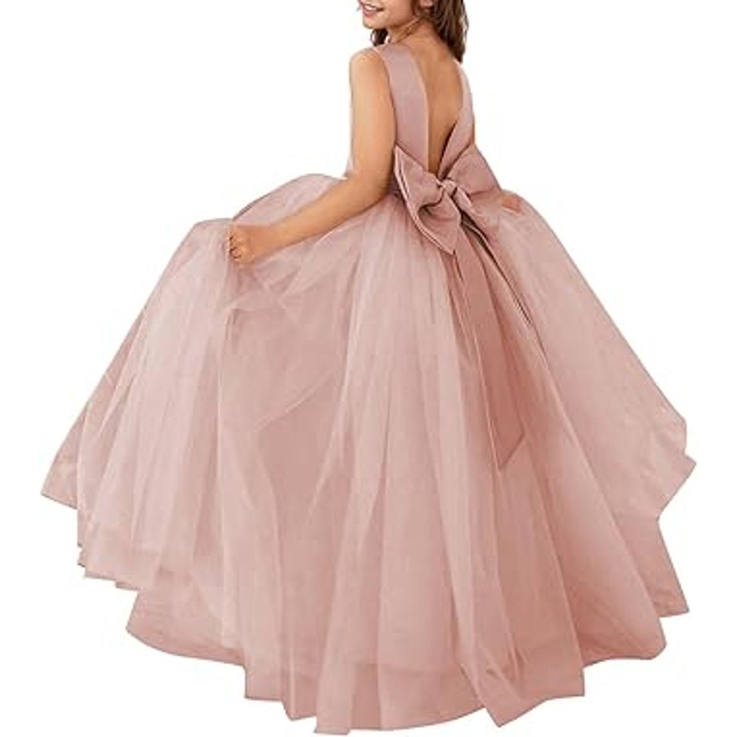 MCieloLuna Dusty Rose Ball Gown Tulle Flower Girl Dresses Bow-Knot Pearls Bridesmaid Weddi