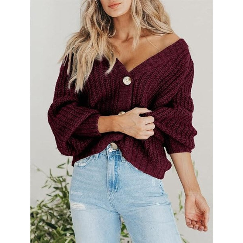 Women's Long Sleeve Plain Button Down Sweater Classic V-Neck Knit Cardigan Op