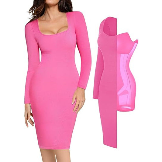Long Sleeve Midi Dress Bodycon Party Dress Shapewear