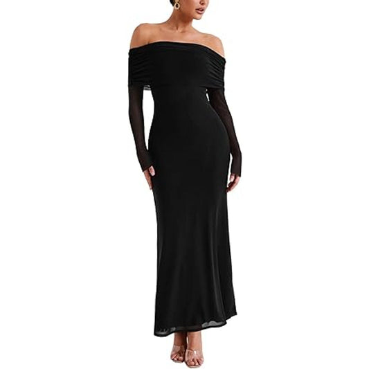 REORIA Women Long Sleeve Off Shoulder Formal Dress Elegant Stretch Mesh Double Lined Bodyc