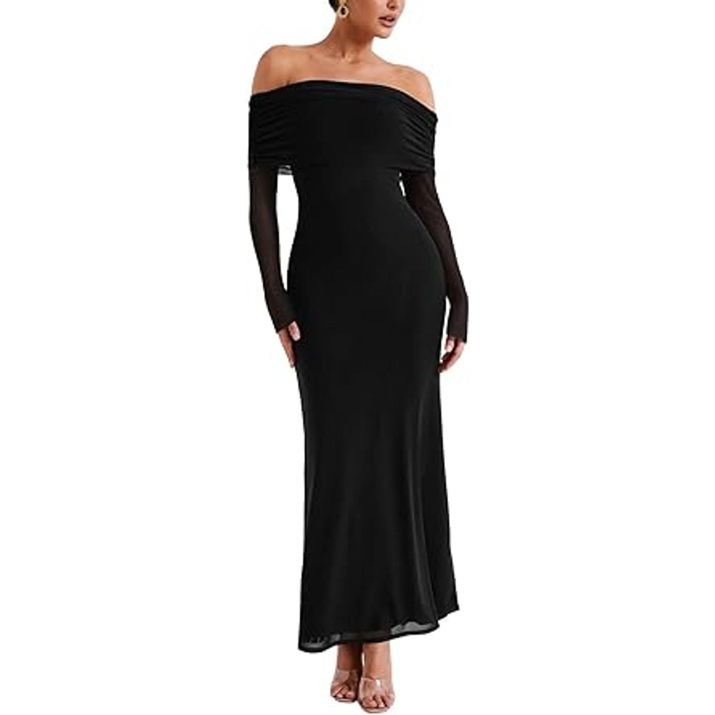 REORIA Women Long Sleeve Off Shoulder Formal Dress Elegant Stretch Mesh Double Lined Bodyc