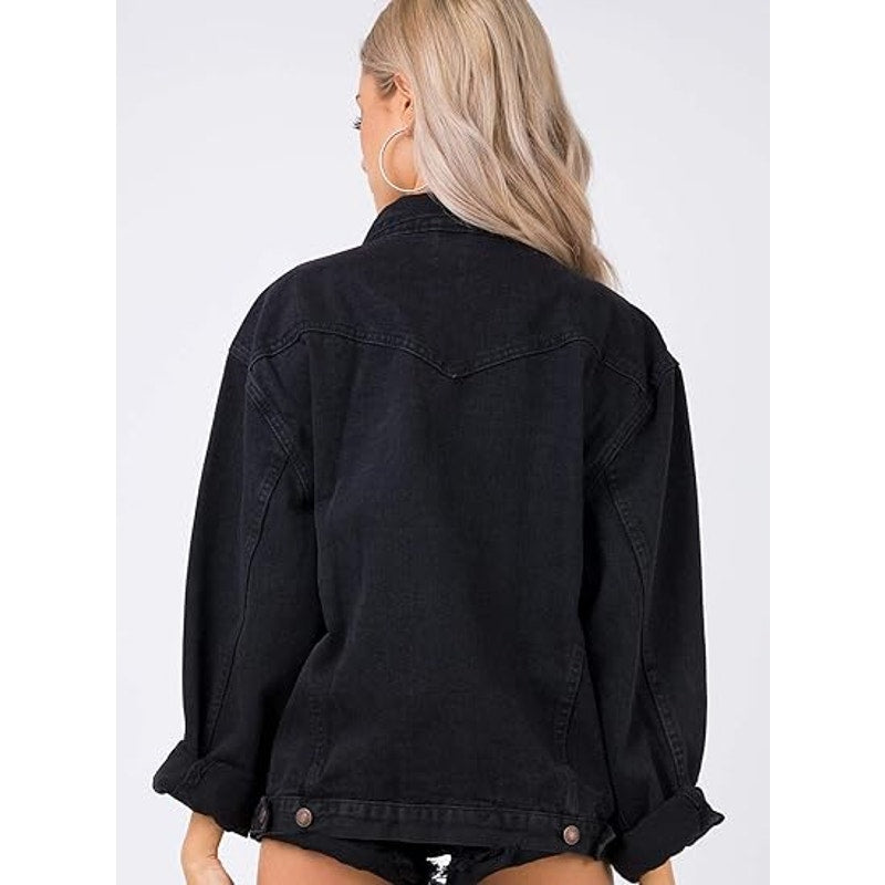 Justalwart Jean Jacket Women Oversized Black Denim Jacket (L, Black washed)
