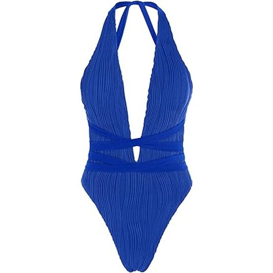ZAFUL Women Plunging One Piece Swimsuit Backless Cross Tie High Cut Thong One-Piece Bathin