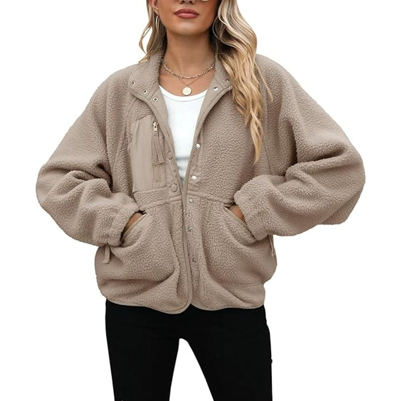 Womens Fleece Jacket Fuzzy Long Sleeve Short Coats Button Down Sherpa Outerwear wi