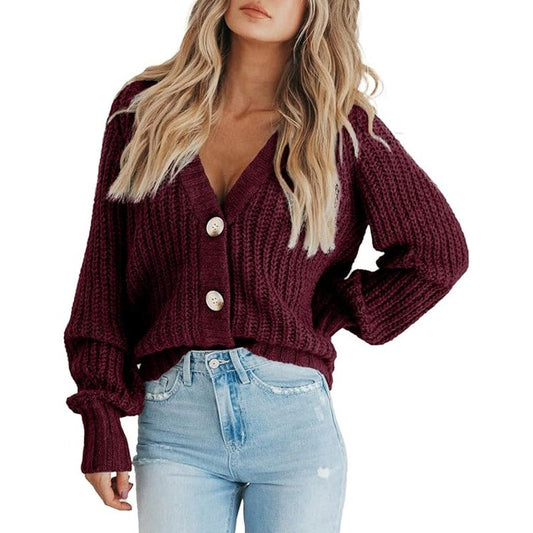 Women's Long Sleeve Plain Button Down Sweater Classic V-Neck Knit Cardigan Op