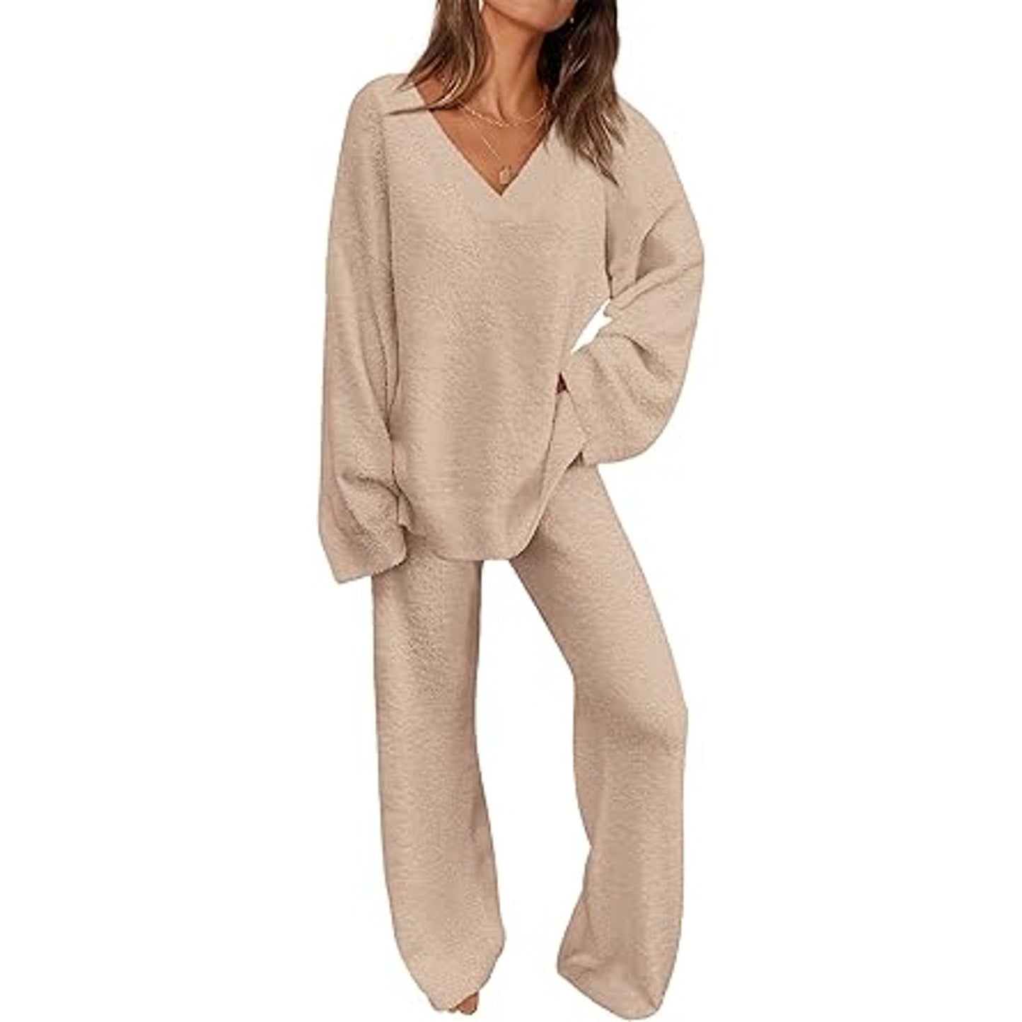 PRETTYGARDEN Women's 2 Piece Pullover Sweater Set Oversized V Neck Top Wide Leg Pants Fall
