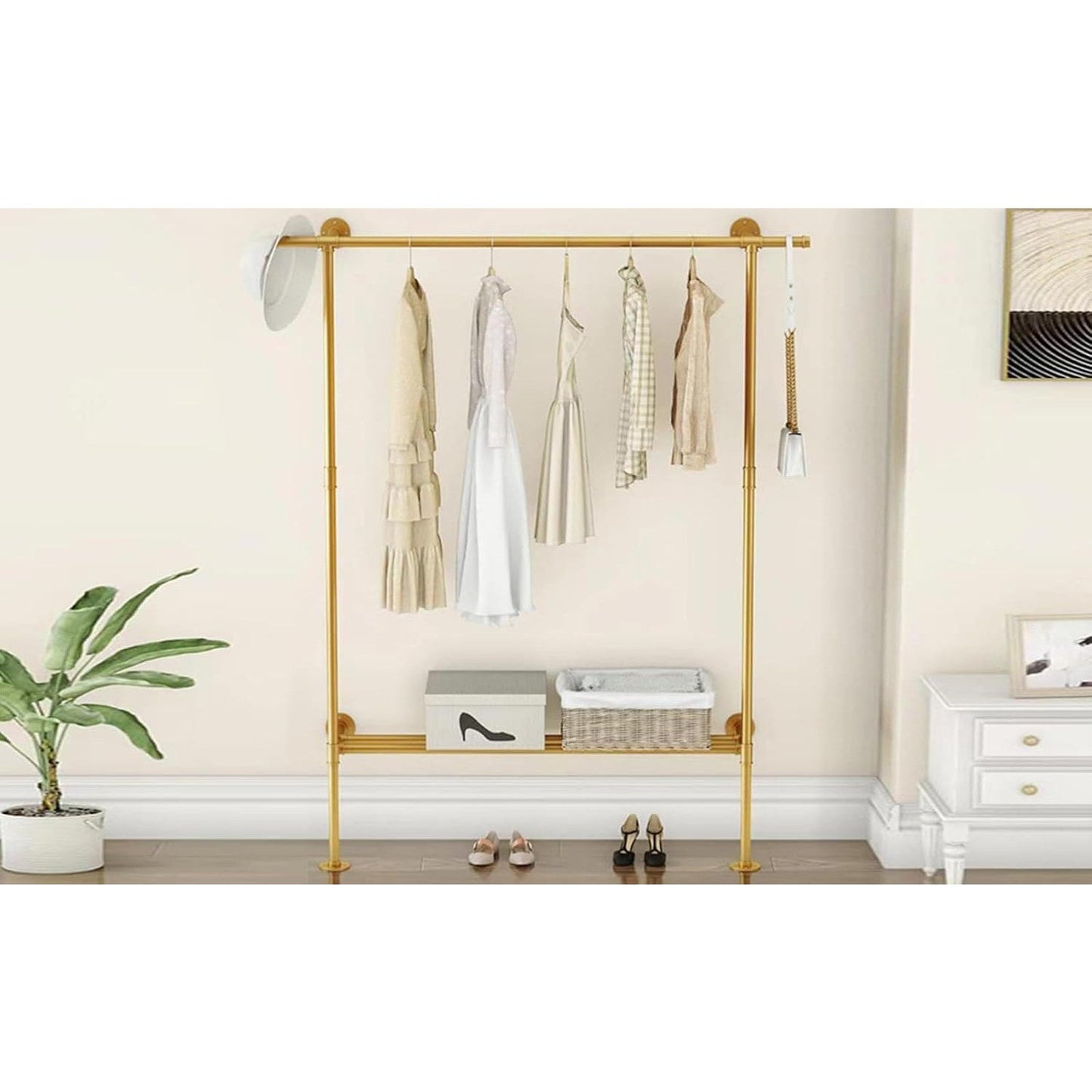 FJANKUI Gold Wall Mounted industrial pipe clothes rack with Shelf, clothing rack Rod for Closet and Walk-in Closet Systems, Multi-Purpose Sturdy Hanger for Hanging Clothes