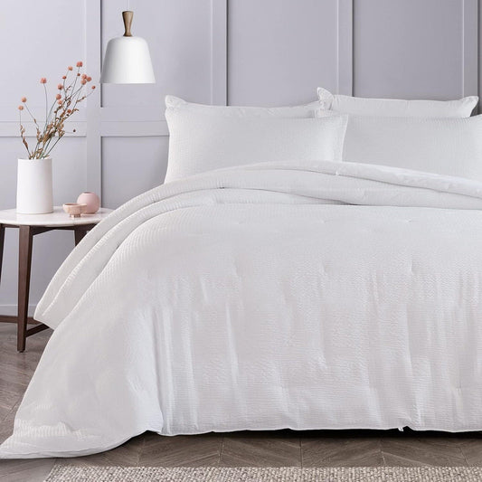 HOMBYS 3 Piece Seersucker Oversized King 120x120, Breathable White Soft Lightweight Bedding Comforter Sets with Comforter for All Season