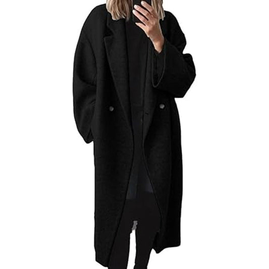 chouyatou Women's Winter Double Breasted Wool Coat Long Sleeve Notch Lapel Long Trench Coa