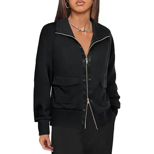 Fisoew Women's Zip up Sweatshirt Collared Neck Long Sleeve Loose Casual Lightweight Jacket