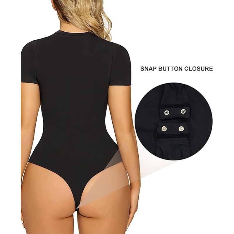 SHAPERX Women's Fit Everybody Bodysuit Soft Crew Neck T-shirt Body Suits with Thong Design