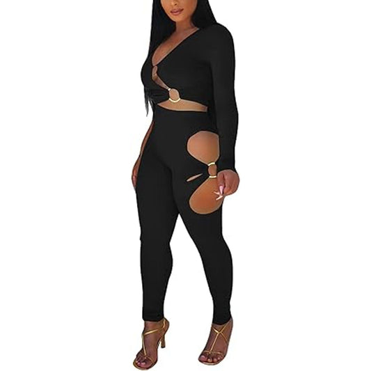 Sexy 2 Piece Pants Set for Women Bodycon Jumpsuit Ribbed Cut Out V Neck Crop Top Bodycon P