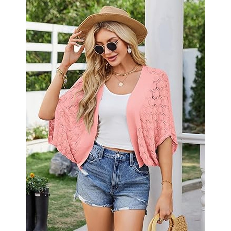 Lightweight Summer Batwing Cardigan for Women Open Front Shrug Grey Pink S