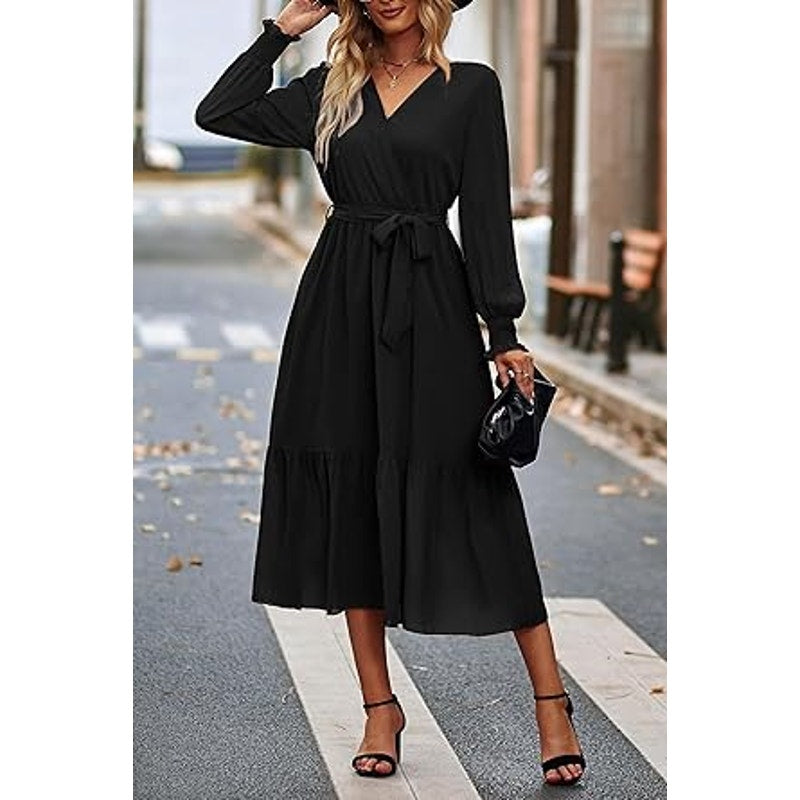 PRETTYGARDEN Women's Floral Print Boho Dress Long Sleeve Wrap V Neck Ruffle Belted A-Line