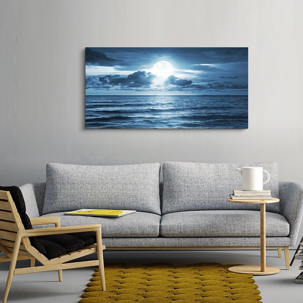 wall art for living room Decorations Photo Prints - blue sea view The moon Landscape - Modern Home Decor The room Stretched and Framed Ready to Hang artwork (Blue Ocean&Moon, 30x 60inch x 1pcs)