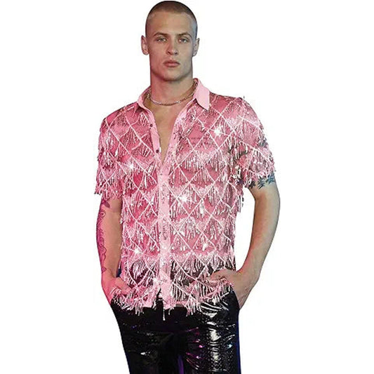 WDIRARA Men's Sequin Decor Fringe Button Front Shirts Short Sleeve Sheer Party T Shirt Pin