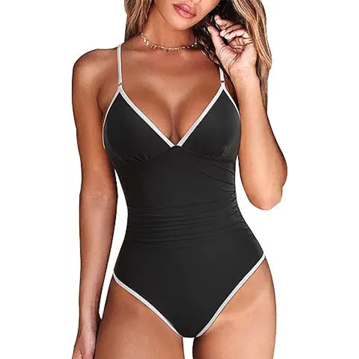 RXRXCOCO Womens One Piece Swimsuits Tummy Control Criss Cross Back Color Block V Neck Bath