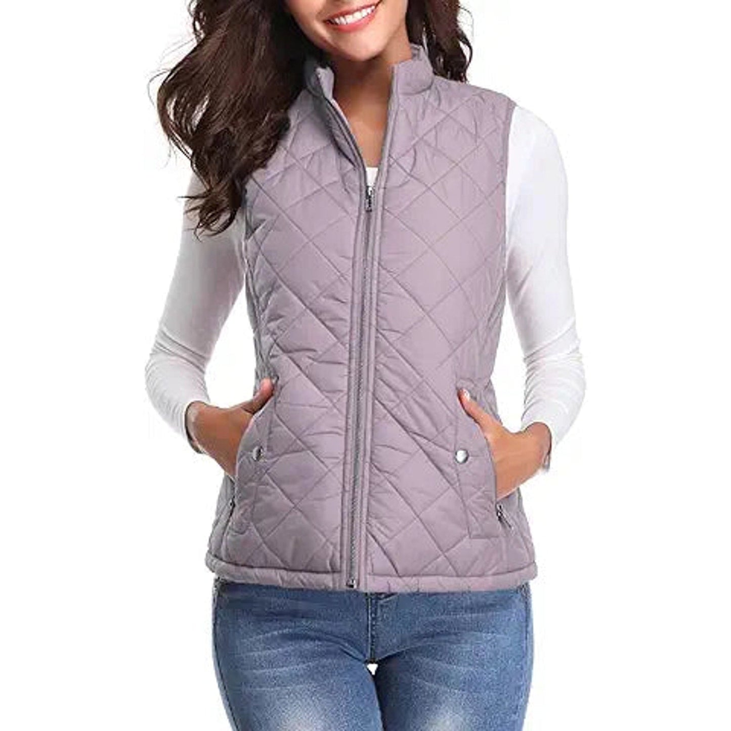 Fuinloth Women's Quilted Vest, Stand Collar Lightweight Zip Padded Gilet Lavender S