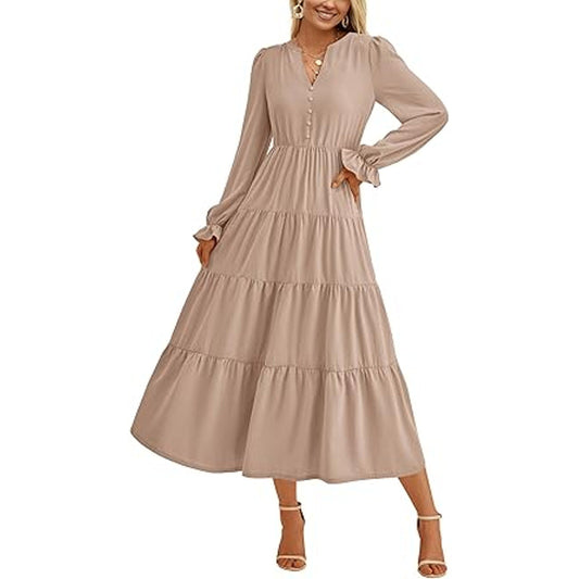 PRETTYGARDEN Women's Spring Fall Maxi Dress Long Sleeve V Neck Tiered Ruffle Flowy A Line